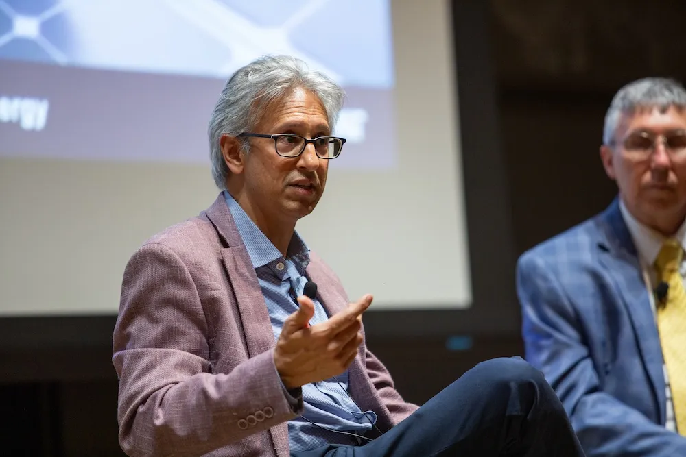 Manish Bapna, president and CEO of the Natural Resources Defense Council, speaks at the MIT Energy Initiative’s 2025 Earth Day Colloquium.