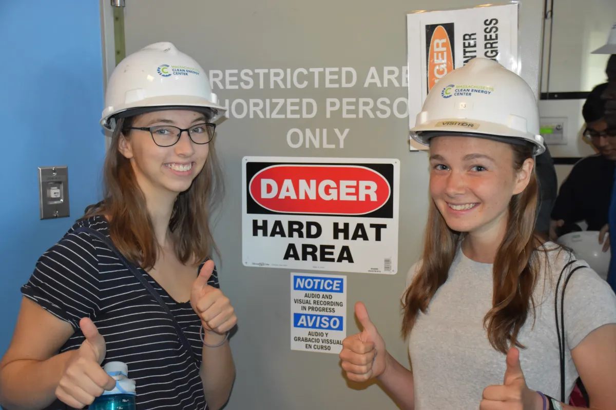 First-year Preorientation Program students pose with hard hats.