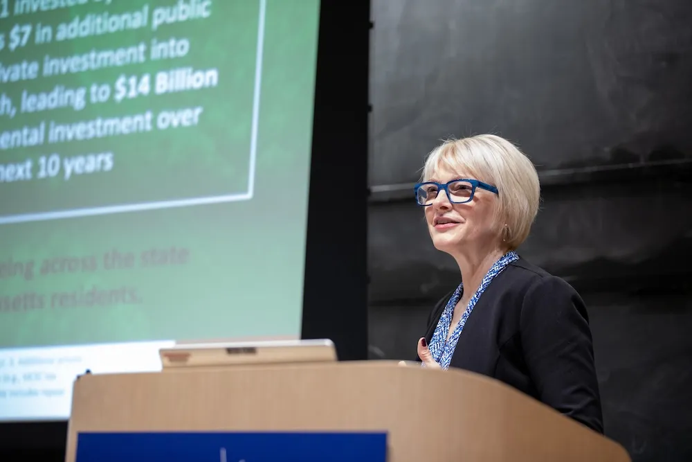 Emily Reichert, CEO of the Massachusetts Clean Energy Center, presents at an MIT Energy Initiative seminar.