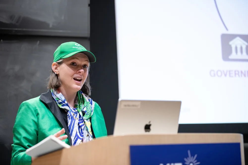 Georgina Flatter Campbell, CEO of Greentown Labs, presents at an MIT Energy Initiative seminar.