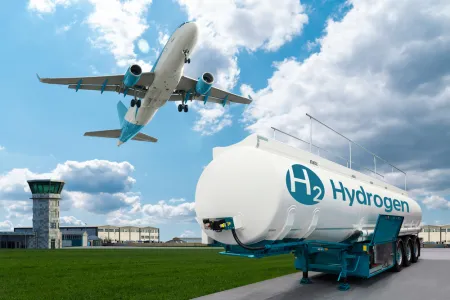 Airplane flies over a hydrogen transportation tank.