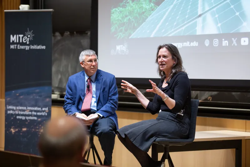 MITEI Director William Green and Princeton University Professor Emily Carter host a Q&A during a seminar hosted by the MIT Energy Initiative.