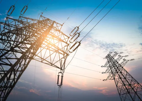Sunset behind power lines