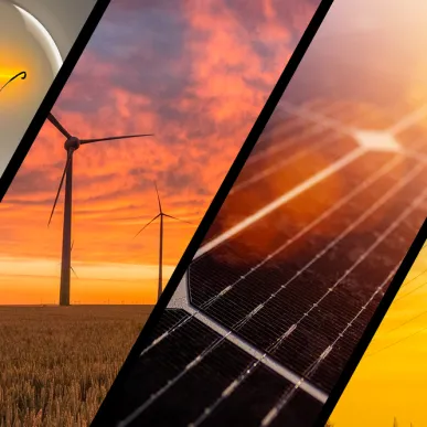 Photo compilation of a lightbulb, wind, solar, and powerlines.