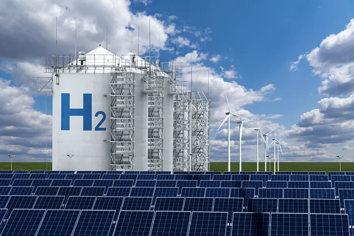 Photograph of hydrogen storage and solar panels.