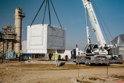 A commercial-scale thermal battery unit is installed at an industrial site near Fresno, California