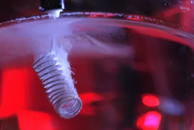 An electrode covered in bubbles