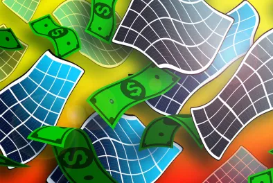 A cartoonish illustration of dollar bills and solar panels flapping around on a gradient backdrop