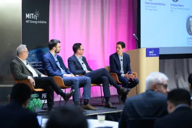 Pablo Duenas-Martinez, a research scientist at the MIT Energy Initiative, moderates a panel during MITEI's Spring Symposium on innovations and approaches to efficient, economic production of firm power at scale with Lev Ring, the president and co-founder of Sage Geosystems, Inc; Christian Besoiu, the team lead for technology development at Eavor; and Joseph Bonafin, the director of next-generation geothermal at Turboden S.p.A.